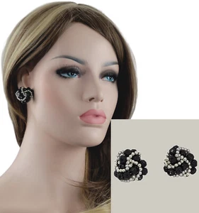 Large Black Silver Tone Beaded Knot Cluster Button Earrings Pierced 1 1/8" - Picture 1 of 5