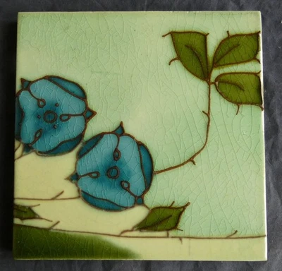 Rare Original Antique Mintons Art Nouveau tube lined tile stylised blue flowers - Image 1 of 4