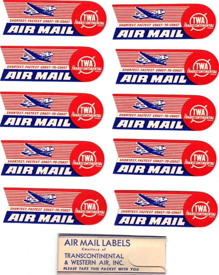 Pacote de etiquetas de correio aéreo TWA - década de 1940 - Imagem 1 de 1