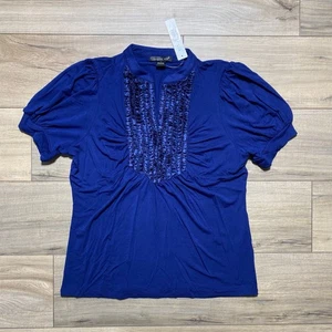 August Silk Womens Split Neck Short Sleeve Top With Ruched Details Large Blue - Picture 1 of 9