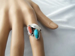 Vintage Southwestern Native Türkis Koralle Kürbisblüte Sterling Ring Größe 5 - Bild 1 von 10