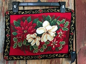 Christmas floral needlepoint zip on wool pillow Cover velvet back 15"x11"……….L2 - Picture 1 of 4