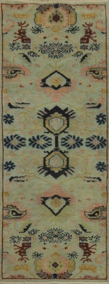 Alfombra de corredor Ziegler 8' verde con patrón integral hecha a mano de lana 3x8 para pasillo Foto 1 de 4