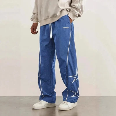 Y2K Streetwear Track Pants  Washed Joggers W/Reflective Stripes and Star Design - Image 1 of 4