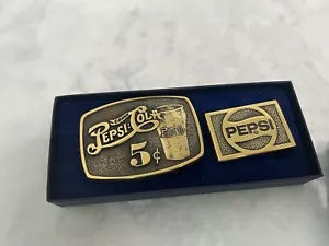 Vintage Pepsi Cola Advertising 1986 Sales Rally Brass Belt Buckle Set with box - Picture 1 of 3