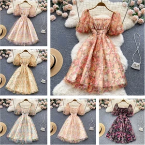 Women Chiffon Tea Dress Floral Printed Square Neck Short Puff Sleeve Casual - Picture 1 of 18