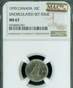 1970 CANADA 10 CENTS NGC MS67 PQ 2ND FINEST GRADE MAC SPOTLESS . - Picture 1 of 2
