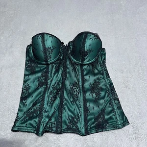 Vintage Fredericks of Hollywood Boned Bustier Womens 34 Green Black Lace - Picture 1 of 7