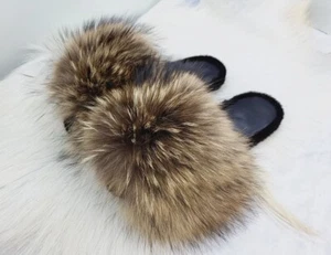 Raccoon women leather slippers, house real fur slippers, open toe slippers, gift - Picture 1 of 12