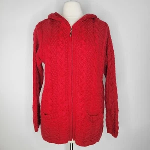 ARAN CRAFTS Red Merino Wool Zip Cardigan Size S Hooded Cable Knit Ireland - Picture 1 of 9