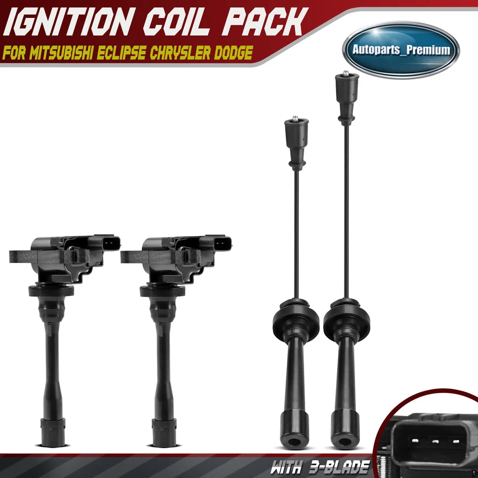 2x bobinas de ignição e 2x fios de vela de ignição para Mitsubishi Eclipse Chrysler Dodge - Imagem 1 de 4