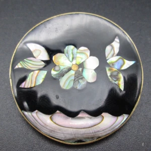 Abalone Inlay Flower Black Enamel Silver Tone Pin Brooch Pendant Vintage Estate - Picture 1 of 4