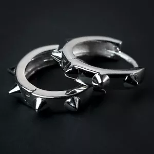 Solid 925 Sterling Silver Mens Small Punk Style Spike Thorn Huggie Hoop Earrings - Picture 1 of 4