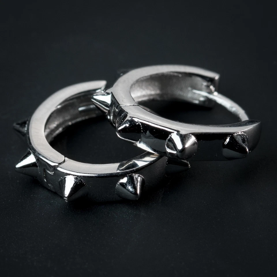 Solid 925 Sterling Silver Mens Small Punk Style Spike Thorn Huggie Hoop Earrings - Image 1 of 4