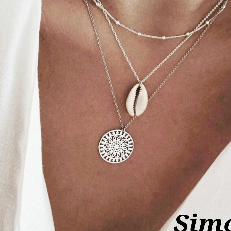 COLLANA DONNA LUNGA ARGENTO MULTIFILO MAGLIA PENDENTE FILIGRANA CONCHIGLIE SEXY - Immagine 1 di 1