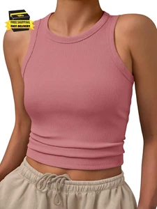 Womens Tank Tops Summer Fashion 2025 Workout Ribbed Sleeveless High Neck Beach V - Picture 1 of 5