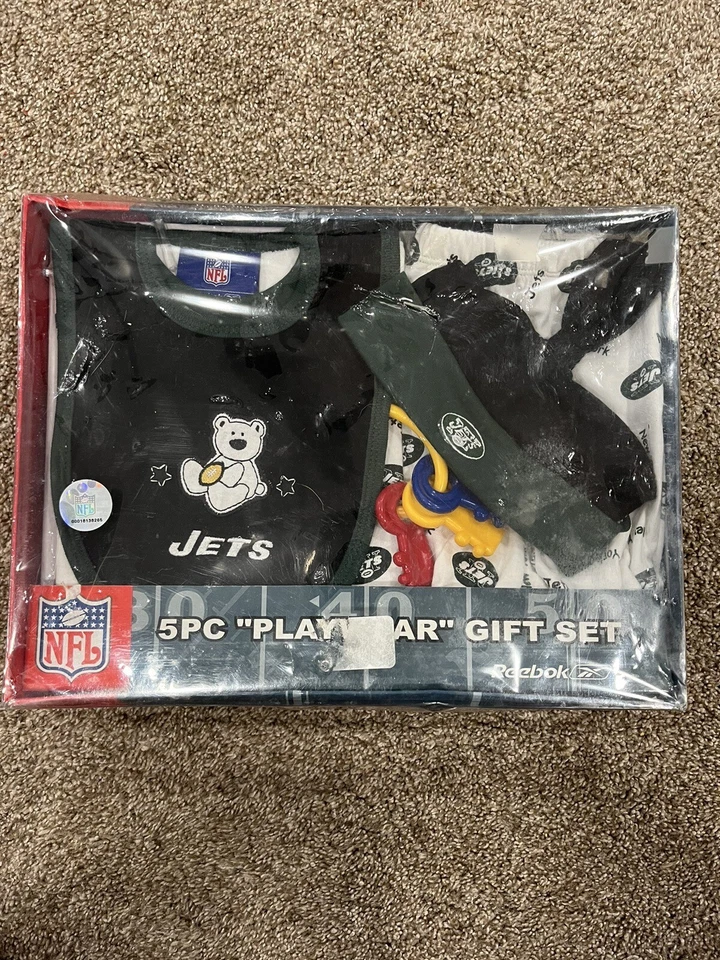 New York Jets 5 Piezas Bebé Creeper Pantalón Babero Sombrero Llaves Reebok 0-9 Meses Foto 1 de 4