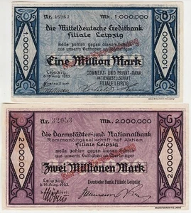GERMANY Leipzig 1 & 2 MILLIONS MARK 1923. F - VF Credit and National Banks Issue - Picture 1 of 2