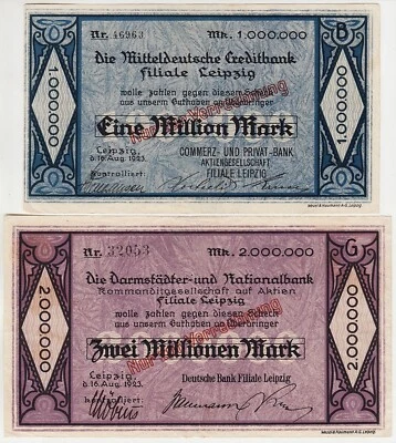 GERMANY Leipzig 1 & 2 MILLIONS MARK 1923. F - VF Credit and National Banks Issue - Image 1 of 2