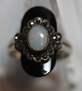 NF Thailand Sterling Silver Black Onyx Marcasite Opal Ring SIZE 7.5 - Picture 1 of 3