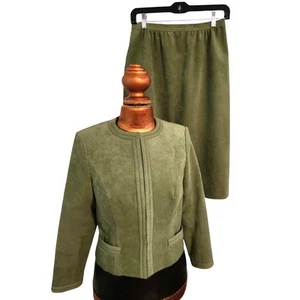 Vintage 1970s James Chen Hong Kong Green Brushed Suede 2-Piece Skirt Suit Small - Picture 1 of 7