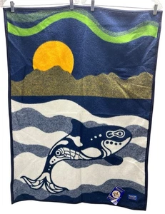 Pendleton Wool Indian Blanket Sea Wolf Orca Sunset Navy Blue Beaver State Throw - Picture 1 of 13