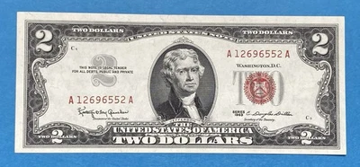 US Two Dollars, 1963, $2 Bill, Red Seal, Uncirculated, Obsolete  - Image 1 of 3