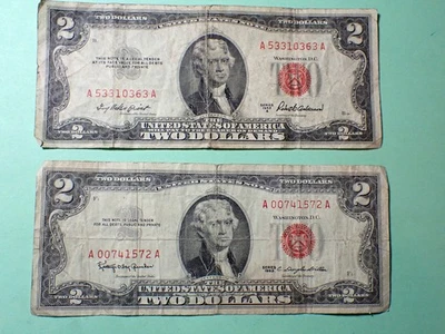 1 Series 1953 A & 1 Series 1963  2  Dollar Bills Red Seal Circulated CUR 25 004 - Image 1 of 3
