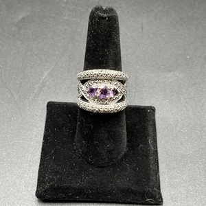 Vintage Sterling Silver & Triple Purple Amethyst Marcasite Ring Size 9 - Picture 1 of 9