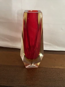 Vtg Murano Mandruzzato Red Yellow Gold Sommerso Faceted Hexagon Glass Vase - Picture 1 of 5