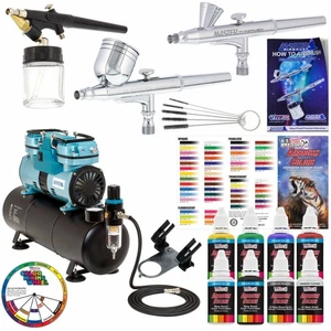 3 Master Airbrush 1/4hp Twin-Piston Air Compressor, 6 Color Acrylic Paint Set - Picture 1 of 5