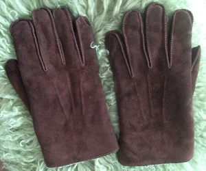 VINTAGE MENS BROWN SUEDE FUR LINED WINTER GLOVES L - Picture 1 of 4