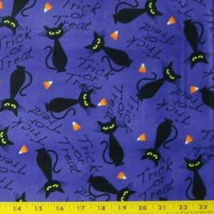 BTY Seen on Halloween Trick Or Treat Black Cats Purple Cotton Fabric MAS-7976 - Picture 1 of 3
