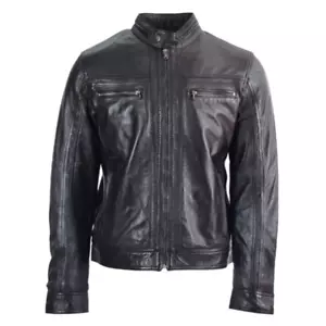 Men’s Real Leather Biker Café Racer Band Collar Motorcycle jacket Black - Picture 1 of 5