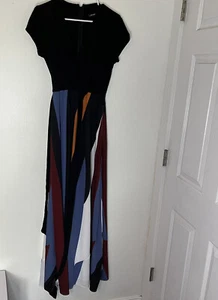 ESHAKTI Multi Color Stripe Colorblock Mixed Media Wrap Maxi Dress Sz 6 W/ Pocket - Picture 1 of 7