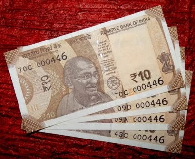 INDIA REPUBLIC | 2018 - 10 RUPEE SAME NUMBER 000446 - 4 UNC NOTES LOT - Image 1 of 3