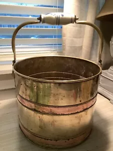 Vintage Large Copper & Brass Pail Pot Bucket Porcelain Handle Lions Heads - Picture 1 of 11