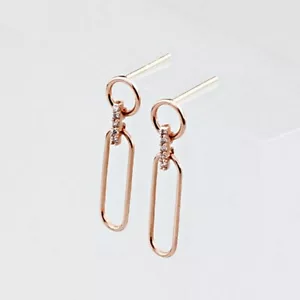 JNK 14K Solid Rose Gold Mini Clip Cubic Long Drop Dangle Stud a Pair of Earrings - Picture 1 of 8