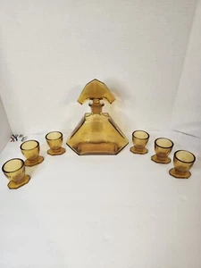 Antique Bohemian Amber Glass Liquor Set Decanter & 6 Glasses - Picture 1 of 12