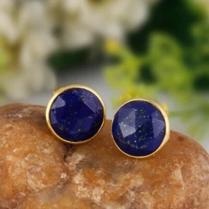 Sterling Silver Blue Lapis Natural Stone Round Stud Earrings For Daughter Gift - Picture 1 of 6