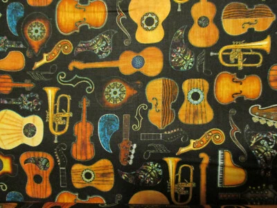 GUITARS MUSIC INSTRUMENTS STRING INSTRUMENTS BLACK DIGITAL COTTON FABRIC FQ - Image 1 of 4