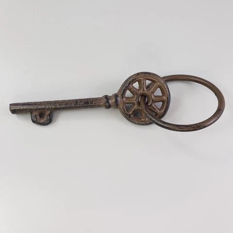 Vintage Large Antique Cast Iron Skeleton Key 5 Inches Long with Key Ring Cover