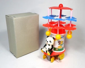 HIBIKI JAPAN VTG WIND UP PANDA CELLULOID CAROUSEL PLASTIC-TIN TOY BOXED WORKS - Picture 1 of 15