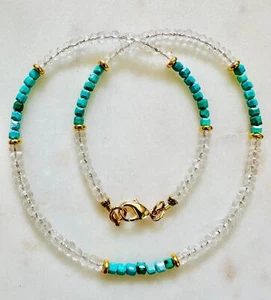 Turquoise and Crystal Quartz Beaded Necklace 18k Gold Filled Clasp Semi-Preciou - Picture 1 of 10
