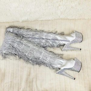 Botas en el muslo Bejeweled 3019DM plateadas con plataforma de estrás de 7" tacón alto con flecos NY - Imagen 1 de 12