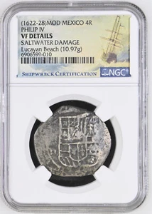 1622-28 Philip IV Mexico Silver 4 Reales Lucayan Beach Pirate Shipwreck NGC VF - Picture 1 of 2