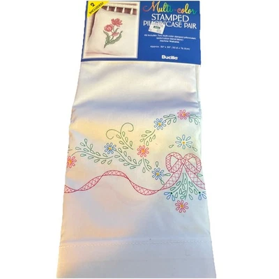 Vtg Bucilla Stamped MultiColor Pillowcase Pair Bow Ribbon Flowers 20x30 No Floss - Image 1 of 4