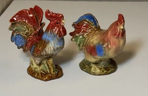 Set of 2 Figurines Rooster & Hen Colorful Farmhouse Ceramic Multicolored - Picture 1 of 8