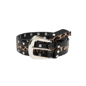 Double Row Studded Waist Belt with Leopard Pattern Woen Punk Waistband Accessory - Picture 1 of 9