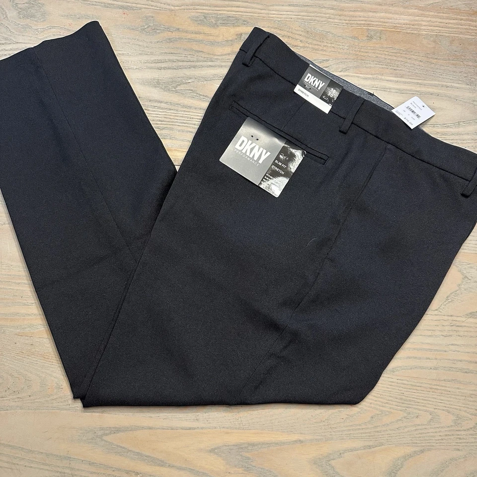 NUEVO DKNY Negro Performance Calce Ajustado Vestido Pantalón Para Hombres 36x30 Elastizado Frente Plano $70 Foto 1 de 4